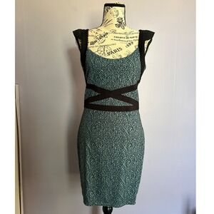Free People Teal Black Geo Knit Strappy Cage Back Bodycon Mini Dress Womens M